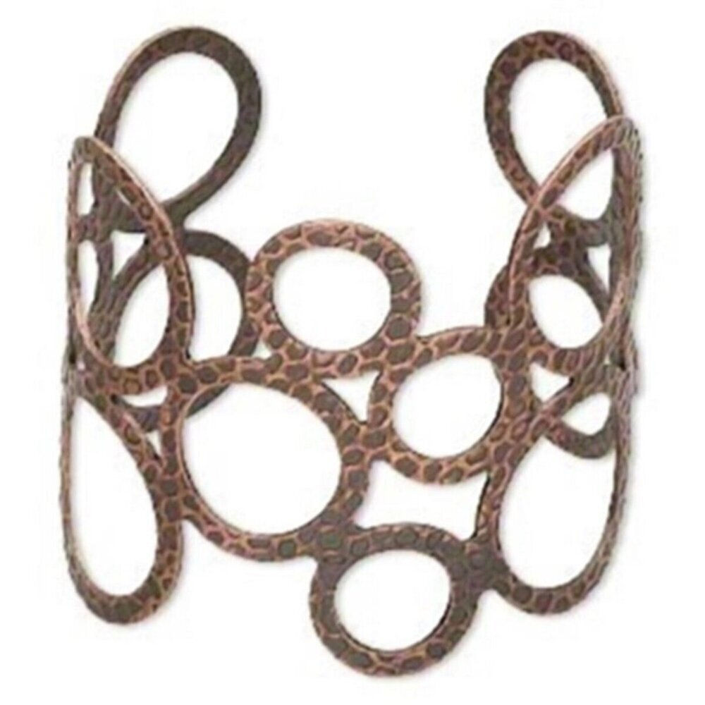 Vintage Mid Century Style Antiqued Copper Hammered Circles Cuff Bracelet
